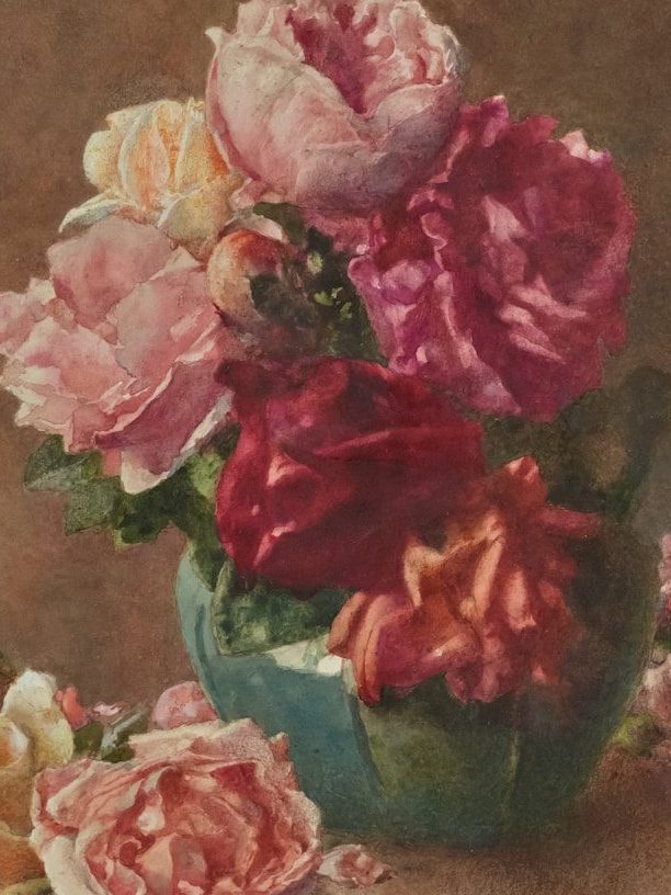 a painting of a vase of flowers on a table